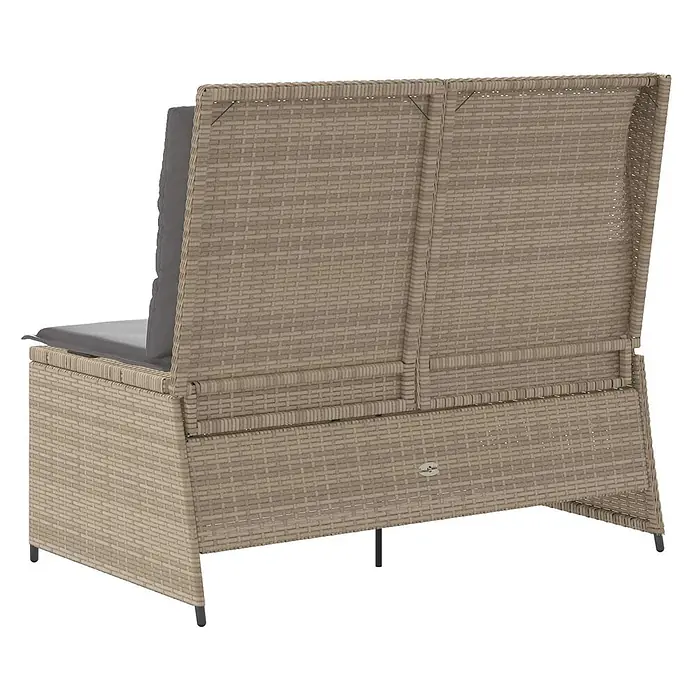 Furnicato Gartenbank Poly-Rattan - B x T x H: 108 x 110 x 95 cm, Beige und Grau - Hellbraunes Outdoor-Rattan-Zweisitzer-Sofa mit dunkelgrauen Sitz- und Rückenkissen.