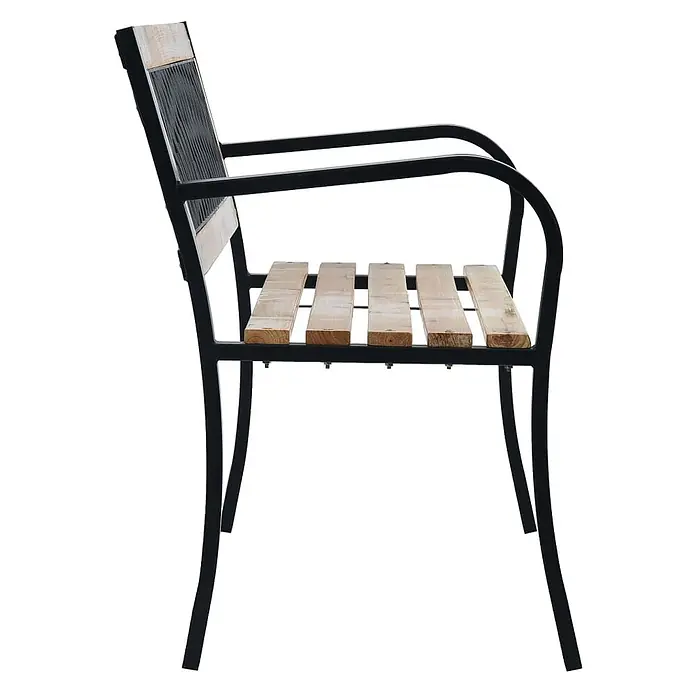 Furnicato Gartenbank Massivholz - B x T x H: 120 x 53 x 77 cm, Braun - Seitenansicht eines Stuhls mit schwarzem Metallrahmen, Sitz aus Naturholzlatten und Holzapplikationen an der Rückenlehne.
