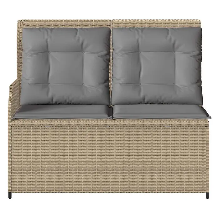 Furnicato Gartenbank Poly-Rattan - B x T x H: 108 x 110 x 95 cm, Beige und Grau - Beige Polyrattan 2-Sitzer Gartenbank mit Stauraum und grauen Kissen.