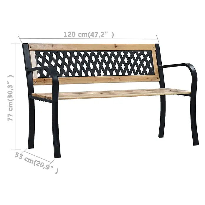Furnicato Gartenbank Massivholz - B x T x H: 120 x 53 x 77 cm, Braun - Gartenbank aus hellem Holz und schwarzem Metall mit Armlehnen.