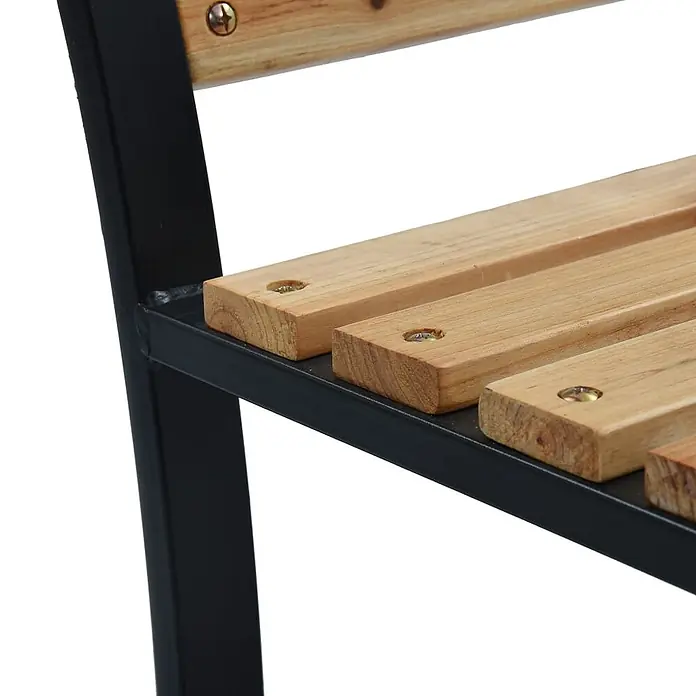Furnicato Gartenbank Massivholz - B x T x H: 120 x 53 x 77 cm, Braun - Holzlatten mit Schrauben an einem schwarzen Metallrahmen befestigt, Teil einer Bank oder eines Regals.