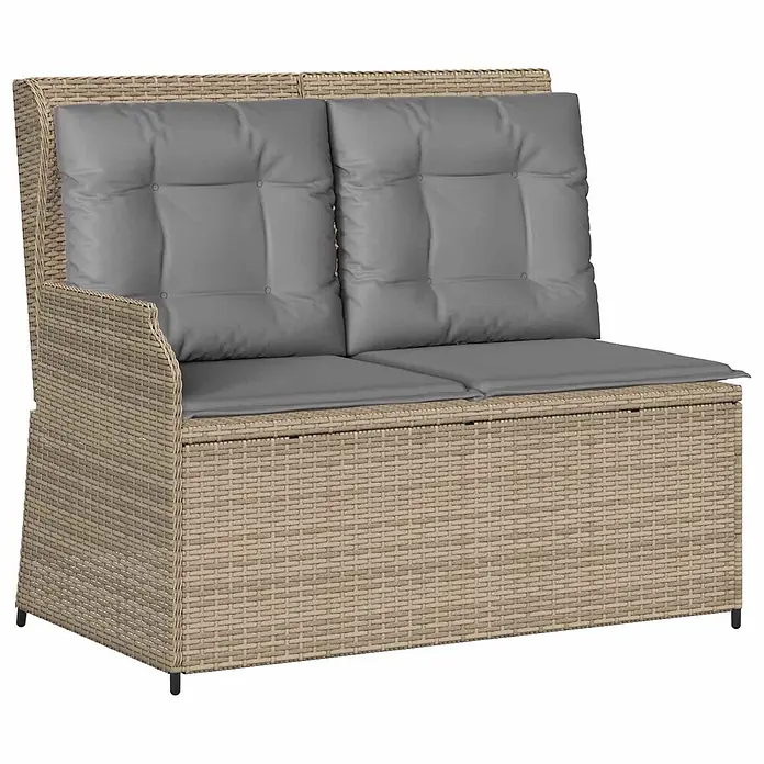Furnicato Gartenbank Poly-Rattan - B x T x H: 108 x 110 x 95 cm, Beige und Grau - Beige Rattan-Gartenbank für zwei Personen mit grauen Polstern und Stauraum.