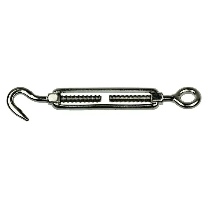 Stabilit SpannschlossFür Seildurchmesser: 8 mm, Länge: 120 mm, Belastbarkeit: 50 kg, Edelstahl - Ein Spannschloss mit Haken und Öse zum Spannen von Seilen oder Drähten. Aus robustem, glänzendem Metall gefertigt.