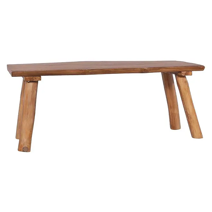 Furnicato Gartenbank Teak-Massivholz - B x T x H: 120 x 40 x 49 cm, Braun - Rustikale braune Holzbank mit unregelmäßiger Holzplatte und vier natürlichen, konischen Beinen.