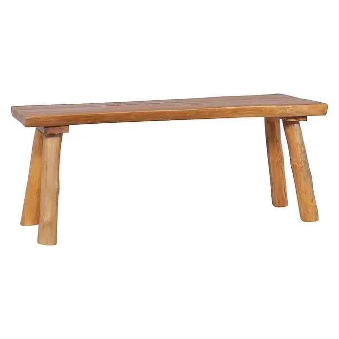 Furnicato Gartenbank Teak-Massivholz - B x T x H: 120 x 40 x 49 cm, Braun - Rustikale Holzbank aus einer massiven Holzplatte und Baumstammbeinen.