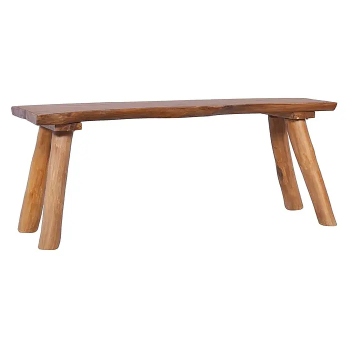 Furnicato Gartenbank Teak-Massivholz - B x T x H: 120 x 40 x 49 cm, Braun - Rustikale Bank aus Naturholz mit Baumkantenplatte und robusten, organischen Beinen.