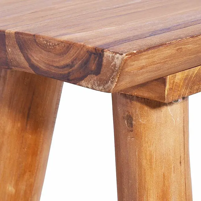 Furnicato Gartenbank Teak-Massivholz - B x T x H: 120 x 40 x 49 cm, Braun - Nahaufnahme einer massiven Holz-Tisch- oder Hocker-Ecke mit runden Beinen. Sichtbare Holzmaserung und Textur.