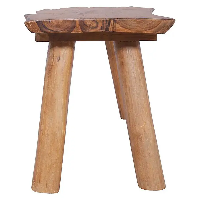 Furnicato Gartenbank Teak-Massivholz - B x T x H: 120 x 40 x 49 cm, Braun - Hocker aus massivem Naturholz mit einer organisch geformten Platte und drei runden Beinen.