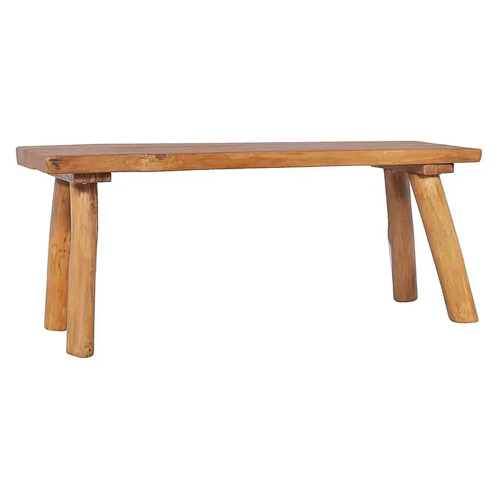 Furnicato Gartenbank Teak-Massivholz - B x T x H: 120 x 40 x 49 cm, Braun - Rustikale Holzbank aus hellem Naturholz mit rechteckiger Platte und vier schrägen, runden Beinen.