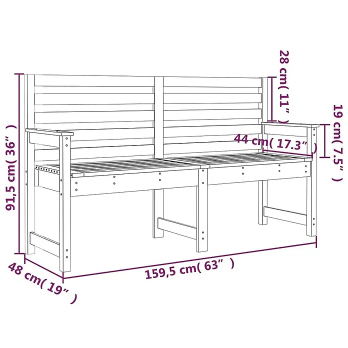 Furnicato Gartenbank Douglasien-Massivholz - B x T x H: 159,5 x 48 x 91,5 cm, Natürliches Douglasie - Holz-Gartenbank mit detaillierten Abmessungen.