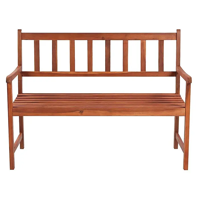 Furnicato Gartenbank Akazienholz geölt - B x T x H: 58 x 120 x 90 cm, Weinrot - Braune Holzgartenbank mit Lattenrostsitz und Rückenlehne, sowie Armlehnen.