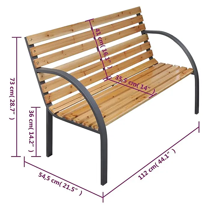 Furnicato Gartenbank Tannen-Massivholz - B x T x H: 112 x 54,5 x 73 cm, Braun - Gartenbank aus Holzlatten in Naturholz und dunkelgrauem Metallrahmen mit geschwungenen Armlehnen und Rückenlehne.