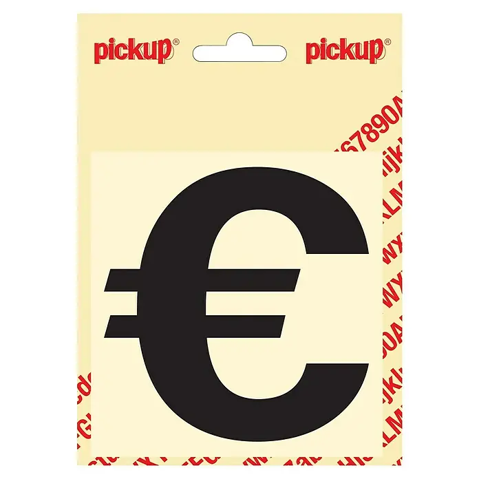 Pickup Aufkleber - Motiv: Eurozeichen, Schwarz - Aufkleber mit einem schwarzen Euro-Zeichen auf beigem Hintergrund, verpackt in einer Pickup-Markenverpackung mit Aufhängeloch.
