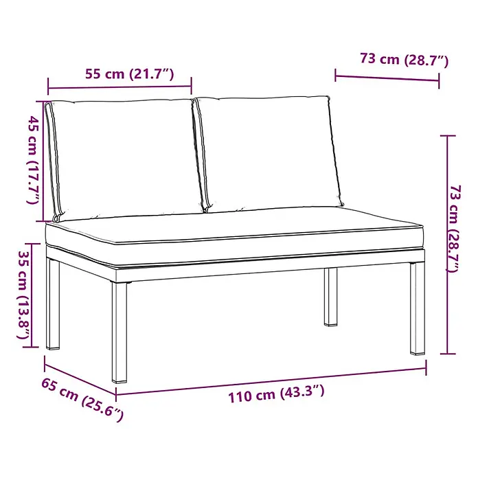 Furnicato Gartenbank pulverbeschichtetes Aluminium - B x T x H: 110 x 73 x 73 cm, Schwarz - Zweisitzige Gartenbank mit Sitz- und Rückenkissen.