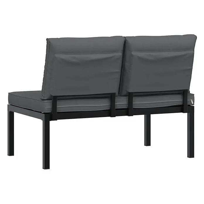 Furnicato Gartenbank pulverbeschichtetes Aluminium - B x T x H: 110 x 73 x 73 cm, Schwarz - Zweisitziges Outdoor-Sofa mit schwarzem Metallgestell und grauen Stoffkissen, von hinten gesehen.