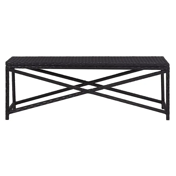 Furnicato Gartenbank PE-Rattan - B x T x H: 120 x 40 x 43 cm, Schwarz - Schwarze rechteckige Outdoor-Bank mit geflochtener Rattan-Optik und schwarzem X-förmigem Metallrahmen.