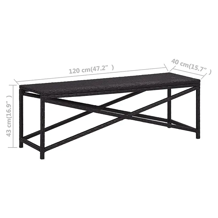 Furnicato Gartenbank PE-Rattan - B x T x H: 120 x 40 x 43 cm, Schwarz - Schwarze Rattan-Sitzbank mit rechteckiger Platte und überkreuzten Beinen. Maße angezeigt.