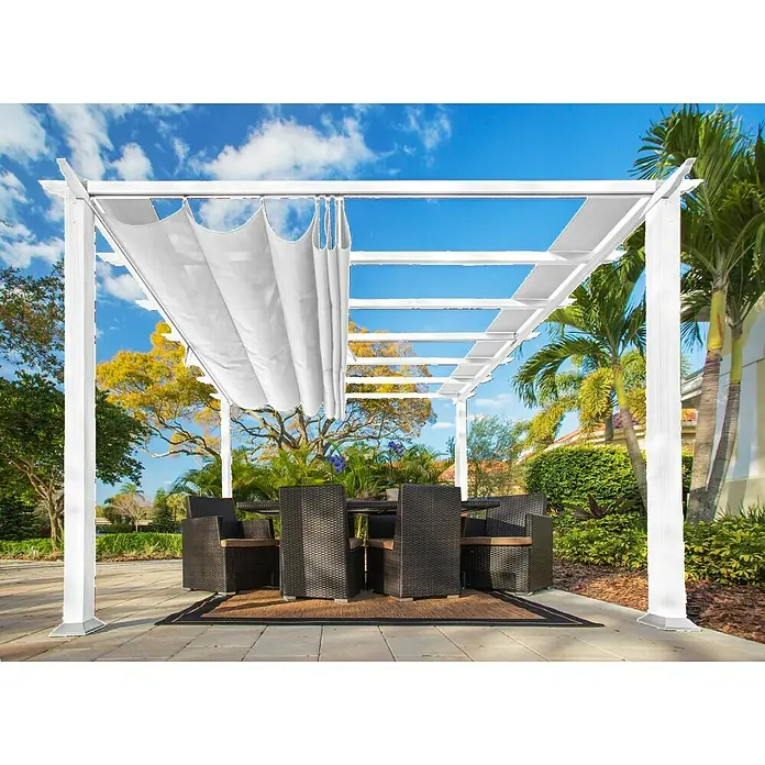 Paragon Outdoor Raffpavillon Florenz - B x T: 505 x 350 cm, Farbe Dach: Weiß, Farbe Gestell: Weiß - Weißer Pavillon mit verschiebbarem Stoffdach über einem Essbereich im Freien. Ideal für Schatten und stilvolle Gartengestaltung.