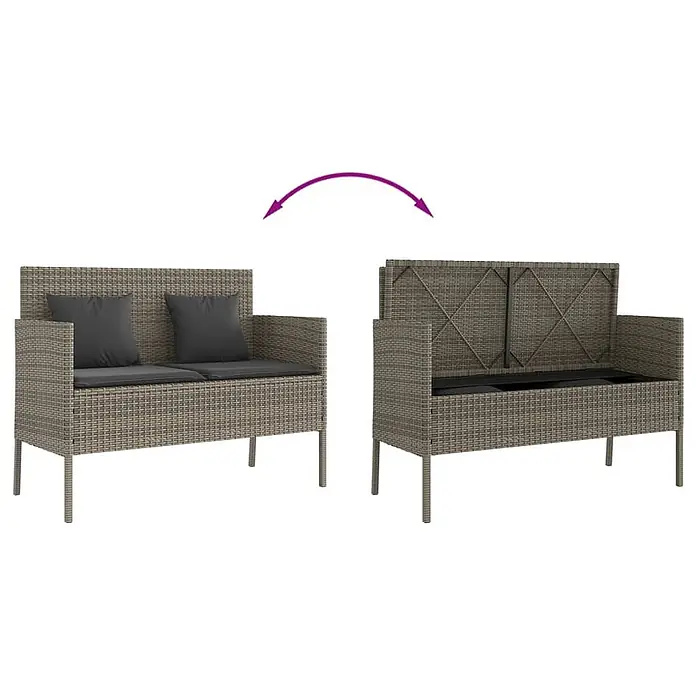 Furnicato Gartenbank - B x T x H: 113 x 61 x 87 cm, Grau - Graue Outdoor-Bank in Rattan-Optik mit grauen Kissen, gezeigt als Sitzgelegenheit und mit hochgeklappter Sitzfläche für Stauraum.