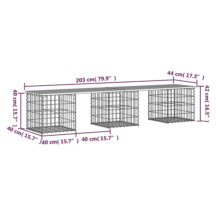 Furnicato Gartenbank Kiefernholz - B x T x H: 203 x 44 x 42 cm, Natürliche Kiefer - Lange Gabionenbank mit Holzplatte, getragen von drei Metallkäfigen.