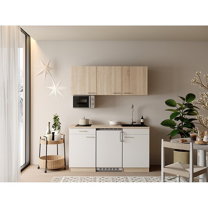 Respekta Miniküche Ingrid (Breite: 150 cm, Weiß, Mit Kochfeld + Kühlschrank + Mikrowelle) | BAUHAUS
