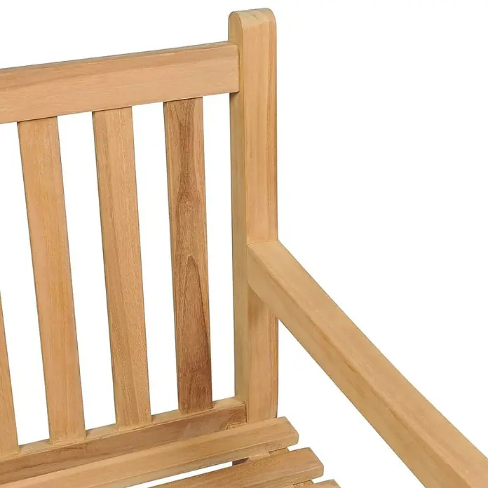 Furnicato Gartenbank Teak-Hartholz - B x T x H: 228 x 62,5 x 90 cm, Braun - Nahaufnahme von Rückenlehne und Armlehne einer hellen Holzgartenbank.