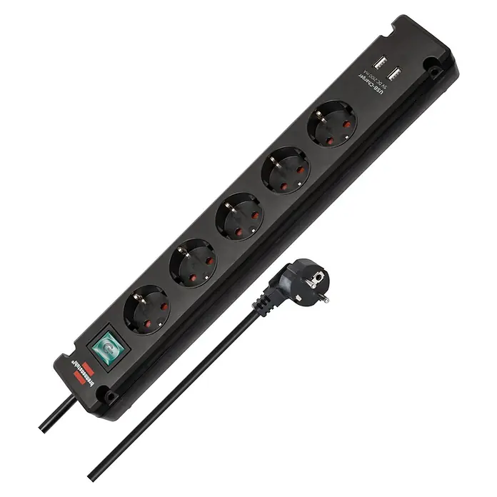 Brennenstuhl Steckdosenleiste Bremounta - 5-fach, Schwarz, Kabellänge: 3 m, Mit Schalter - Schwarze Steckdosenleiste mit 5 Schuko-Steckdosen, 2 USB-Anschlüssen und Schalter.