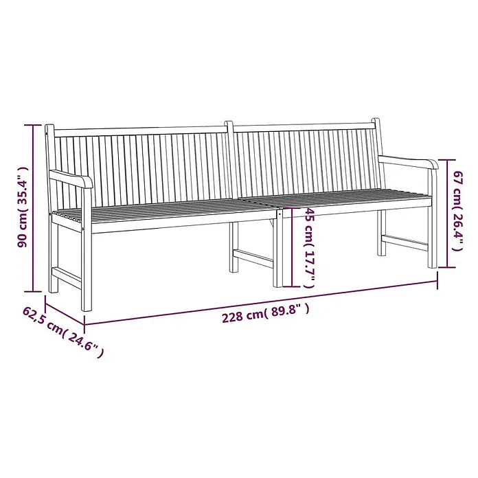 Furnicato Gartenbank Teak-Hartholz - B x T x H: 228 x 62,5 x 90 cm, Braun - Hölzerne Gartenbank mit Lattenrost und Armlehnen, Maße für Länge, Höhe, Tiefe und Sitzhöhe werden angezeigt.