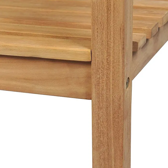 Furnicato Gartenbank Teak-Hartholz - B x T x H: 228 x 62,5 x 90 cm, Braun - Detail von hellbraunen Teakholzmöbeln mit Lattenregal und stabilem Bein.