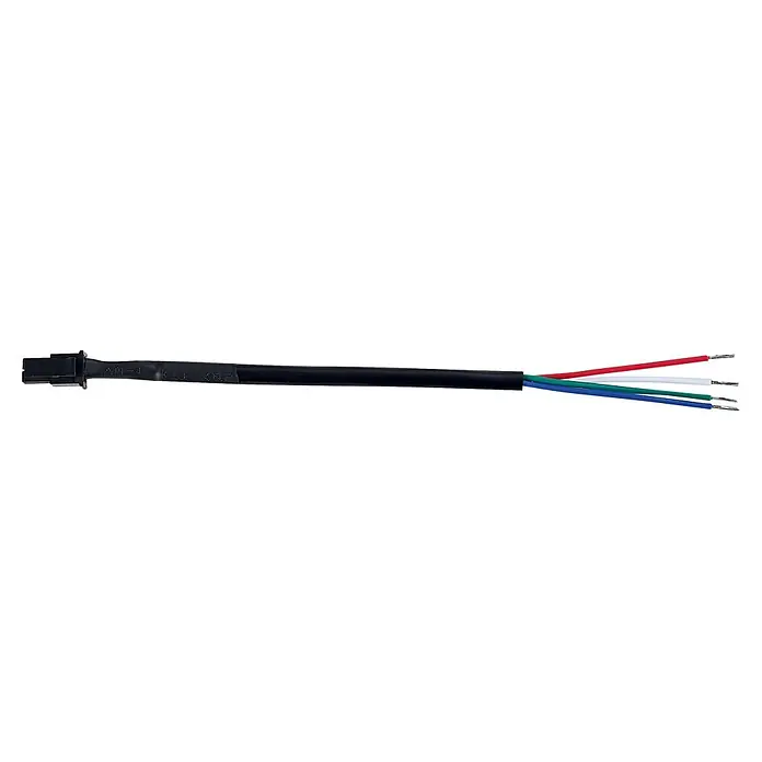 Direct Signs Verbindungskabel Akus RGB Controller - IP20 - Schwarzes Kabel mit Stecker an einem Ende und vier freigelegten Adern (rot, weiß, grün, blau) am anderen.
