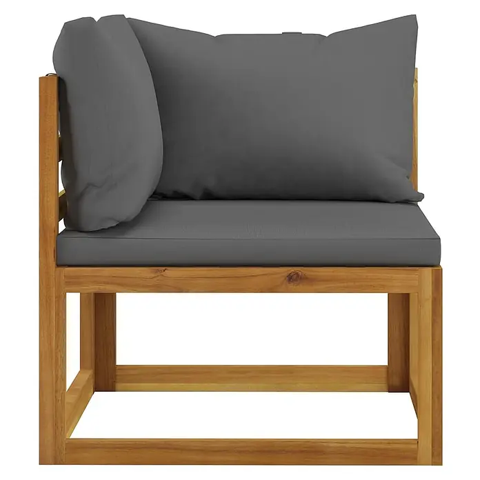 Furnicato Gartenbank Akazien-Massivholz geölt - B x T x H: 70 x 70 x 60 cm, Dunkelgrau - Ein Eck-Gartensofa-Element mit hellbraunem Holzrahmen und dunkelgrauen Sitz- und Rückenkissen.