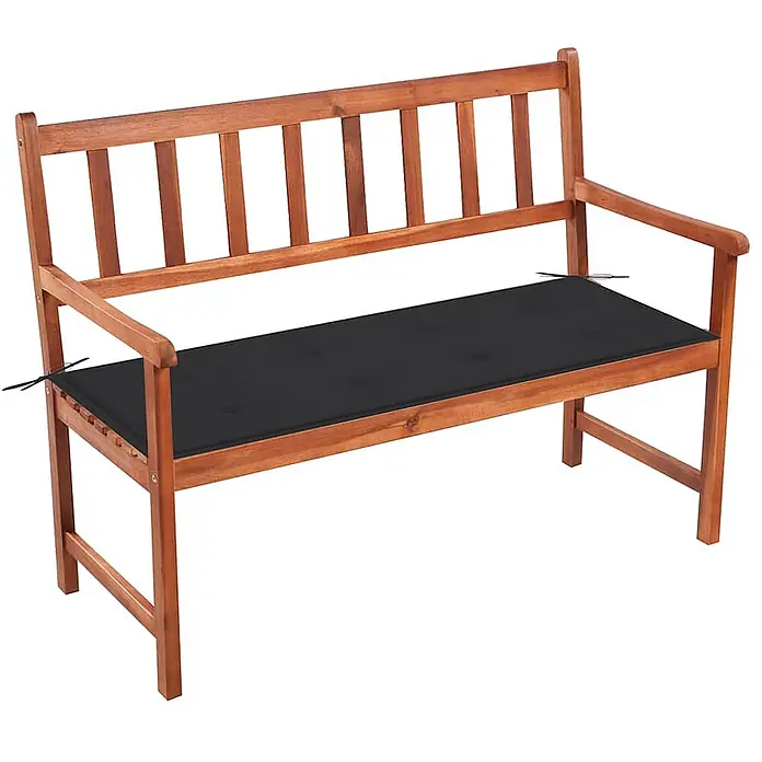 Furnicato Gartenbank Akazienholz geölt - B x T x H: 58 x 120 x 90 cm, Anthrazit - Braune Holzgartenbank mit schwarzem Kissen.