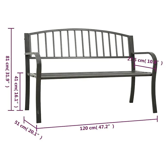 Furnicato Gartenbank pulverbeschichtet - B x T x H: 120 x 51 x 81 cm, Grau - Dunkelgraue Metall-Gartenbank mit Lattenrost und Rückenlehne, Maße angegeben.
