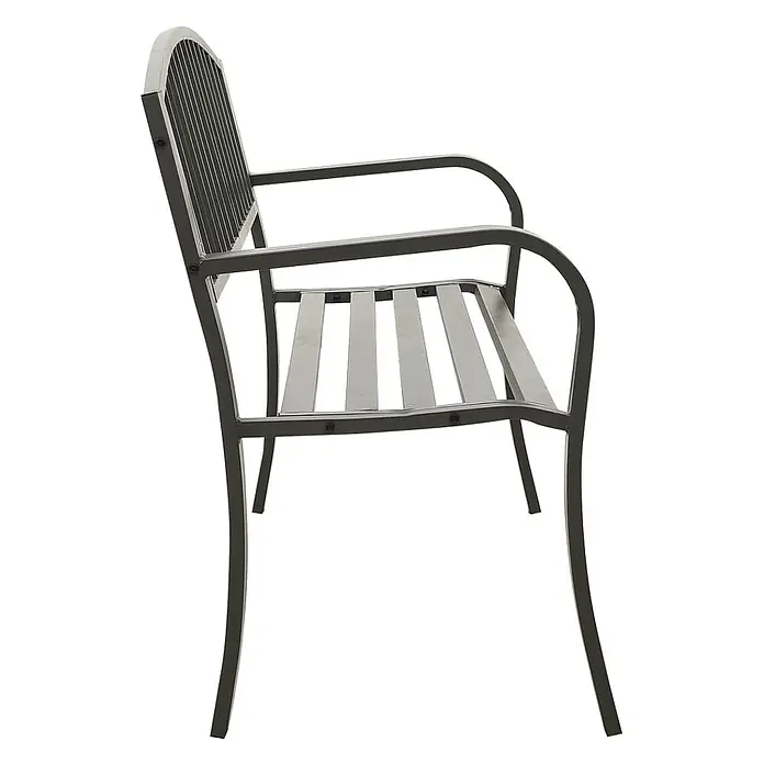 Furnicato Gartenbank pulverbeschichtet - B x T x H: 120 x 51 x 81 cm, Grau - Seitenansicht einer dunkelgrauen Metallgartenbank mit Lattenrostsitz und Rückenlehne.