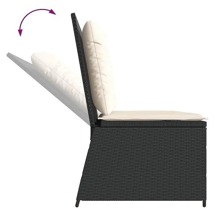 Furnicato Gartenbank Poly-Rattan - B x T x H: 108 x 110 x 95 cm, Schwarz und Cremeweiß - Dunkelgrauer Rattansessel mit beigen Kissen und verstellbarer Rückenlehne in Liegeposition.