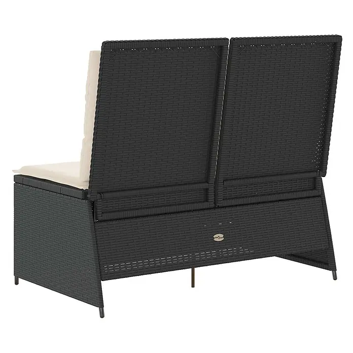 Furnicato Gartenbank Poly-Rattan - B x T x H: 108 x 110 x 95 cm, Schwarz und Cremeweiß - Schwarze Rattan-Gartenbank mit cremefarbenen Kissen und Stauraum, von hinten mit geöffneten Rückenlehnen.