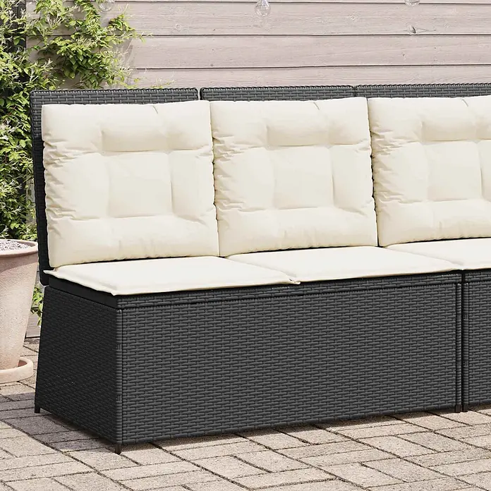 Furnicato Gartenbank Poly-Rattan - B x T x H: 108 x 110 x 95 cm, Schwarz und Cremeweiß - Dunkelgraues Polyrattan-Gartensofa mit cremefarbenen Kissen für den Außenbereich.