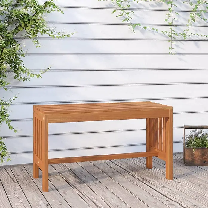 Furnicato Gartenbank - B x T x H: 35 x 80 x 45 cm, Braun - Eine hellbraune Gartenbank aus Holzlatten auf einer Terrasse.