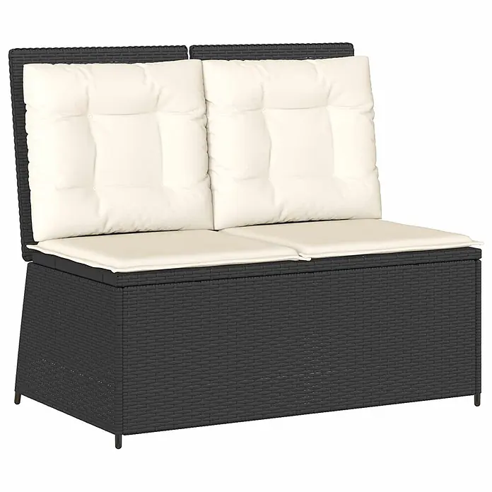 Furnicato Gartenbank Poly-Rattan - B x T x H: 108 x 110 x 95 cm, Schwarz und Cremeweiß - Dunkelgraues Polyrattan 2-Sitzer Gartensofa mit cremefarbenen Kissen und integriertem Stauraum.