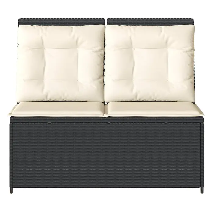 Furnicato Gartenbank Poly-Rattan - B x T x H: 108 x 110 x 95 cm, Schwarz und Cremeweiß - Dunkelgraue Rattan-Optik Gartenbank mit Stauraum und zwei beigen Sitz- und Rückenkissen.