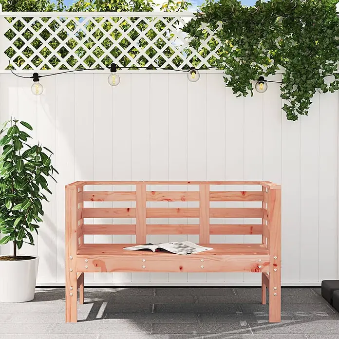 Furnicato Gartenbank Douglasien-Massivholz - B x T x H: 111,5 x 53 x 71 cm, Natürliches Douglasie - Helle Holzgartenbank mit Lattenrost und offenem Buch auf der Sitzfläche.