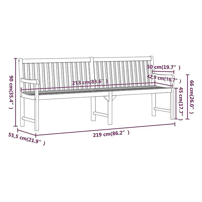 Furnicato Gartenbank Akazien-Massivholz geölt - B x T x H: 219 x 55,5 x 90 cm, Braun - Große Holzgartenbank mit Rückenlehne und Armlehnen, detaillierte Maße werden angezeigt.
