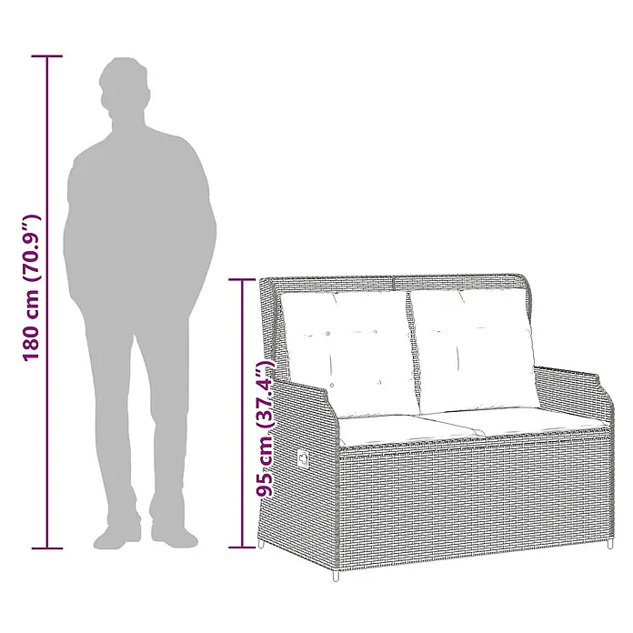 Furnicato Gartenbank - B x T x H: 104 x 67 x 95 cm, Braun und Cremeweiß - Zweisitziges Rattan-Gartensofa mit Kissen, mit menschlicher Silhouette (180 cm) als Größenreferenz. Sofa ist 95 cm hoch.