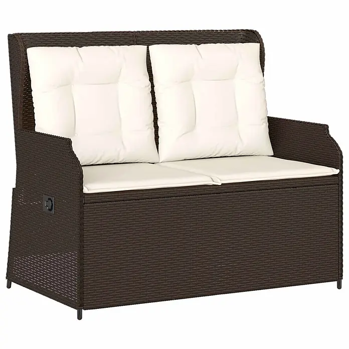 Furnicato Gartenbank Poly-Rattan - B x T x H: 104 x 110 x 95 cm, Braun und Cremeweiß - Braune Polyrattan Gartenbank mit Stauraum und weißen Kissen.