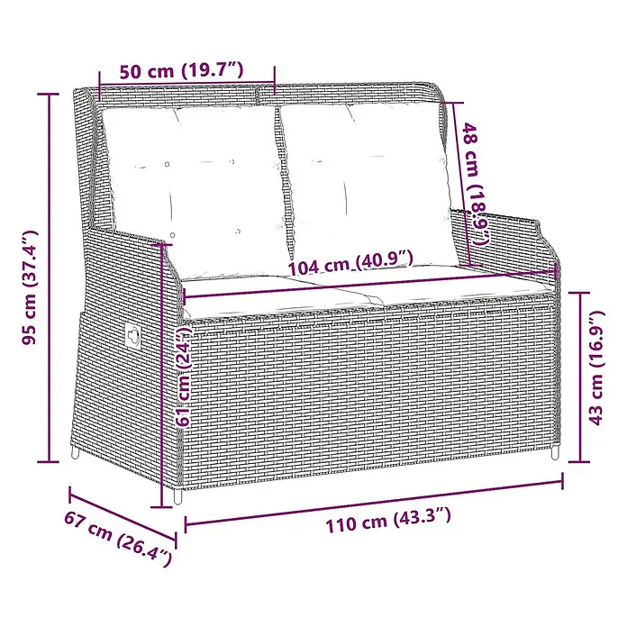Furnicato Gartenbank - B x T x H: 104 x 67 x 95 cm, Braun und Cremeweiß - Rattan-Zweisitzer-Gartensofa mit hellen Kissen, Maße dargestellt.