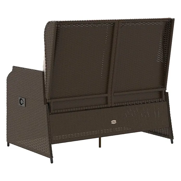 Furnicato Gartenbank Poly-Rattan - B x T x H: 104 x 110 x 95 cm, Braun und Cremeweiß - Rückansicht eines braunen Outdoor-Zweisitzer-Sofas aus Korbgeflecht mit hoher Rückenlehne.