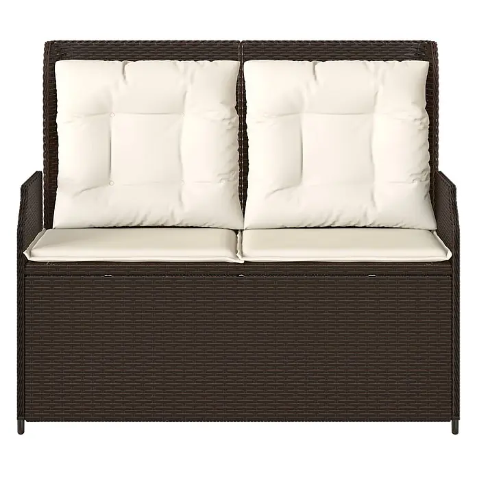 Furnicato Gartenbank Poly-Rattan - B x T x H: 104 x 110 x 95 cm, Braun und Cremeweiß - Dunkelbraune Outdoor-Aufbewahrungsbank im Rattan-Stil mit zwei cremefarbenen Sitz- und Rückenkissen.