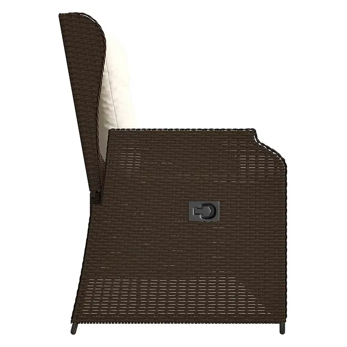 Furnicato Gartenbank Poly-Rattan - B x T x H: 104 x 110 x 95 cm, Braun und Cremeweiß - Brauner Rattan-Liegestuhl für den Außenbereich mit weißem Kissen, Seitenansicht mit Neigungsverstellhebel.