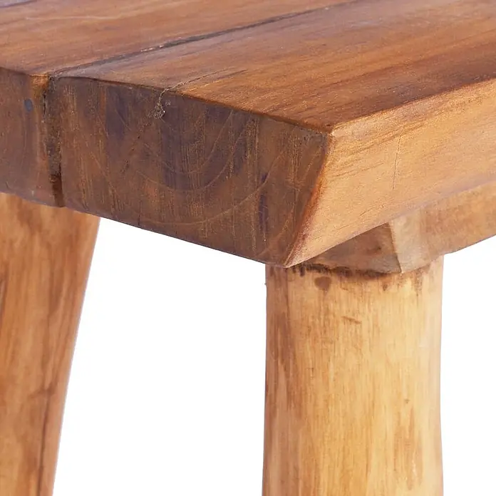Furnicato Gartenbank Teak-Massivholz - B x T x H: 80 x 40 x 46 cm, Braun - Nahaufnahme eines Naturholz-Tisches/Hockers mit rotbrauner Holzplatte und runden, helleren Holzbeinen.