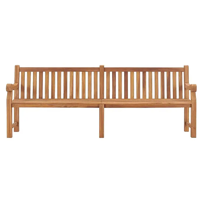 Furnicato Gartenbank - Braun - Eine lange, braune Bank aus Teakholzlatten mit Armlehnen.